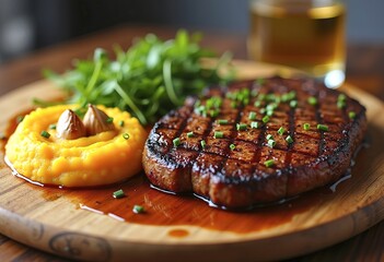 Beef flank steak in grill pan with batata puree garlic and herb decoration