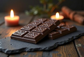 Broken pieces of dark chocolate bar with intricate patterns and designs