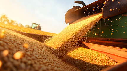 Harvester pouring freshly harvested corn maize seeds or soybeans into container trailer near, closeup detail, afternoon sunshine. Agriculture concept. 