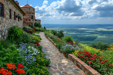 Stone Path Leading to a View of Rolling Hills and a Historic Castle