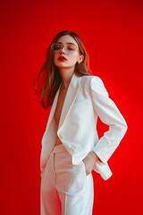 Wall Mural - Confident Woman in Stylish White Suit on Red Background