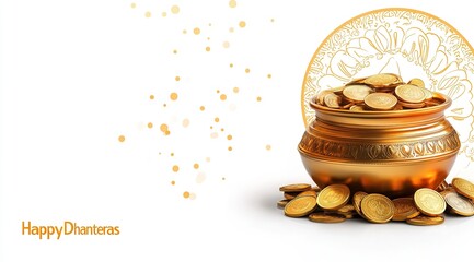 Innovative abstract, banner or poster for Dhanteras with Goddess Maa Lakshmi/ Pot full of golden coins for Indian Dhanteras and Diwali festival celebration.
