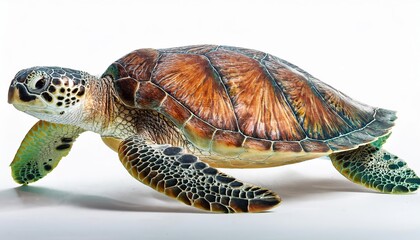 turtle on a white background, Green sea turtle swimming, marine animal isolated on white background, the beside view Green Sea Turtle, left side view, white copy space on right, dutch angle view