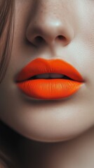 Detailed close-up of vibrant orange lips showcasing bold makeup and smooth skin texture, perfect for beauty and fashion themes.