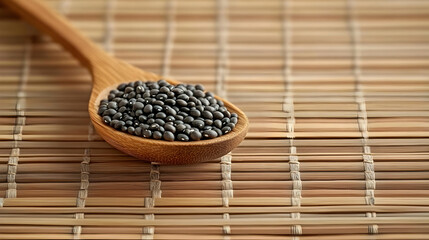 Wall Mural - Black Lentils in Wooden Spoon on Bamboo Mat