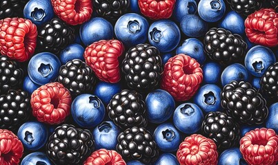 Wall Mural - Closeup of Fresh Raspberries, Blueberries and Blackberries