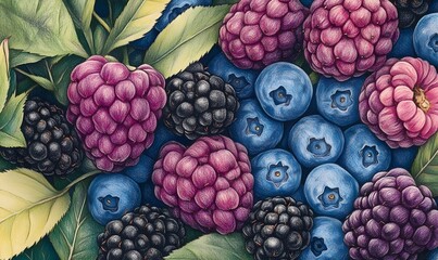 Sticker - Close up of Blackberries, Blueberries and Raspberries