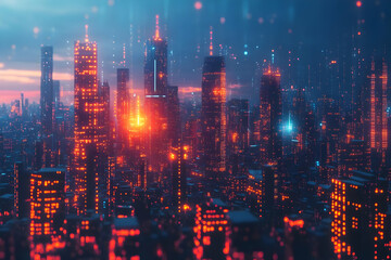 Futuristic Cityscape with Glowing Lights and Digital Network