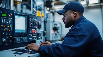 An engineer focusing intently on machinery control systems in a modern industrial setting, showcasing technical expertise.