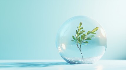 A delicate green plant enclosed within a transparent glass bubble, floating in a serene blue environment.