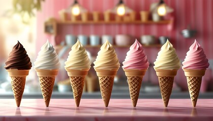 Wall Mural - Delicious row of ice cream cones adorned with creamy toppings against a softly blurred backdrop of a vibrant ice cream parlor