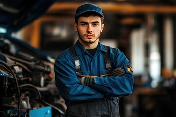 Mechanic in Blue Workwear Standing in Auto Repair Shop