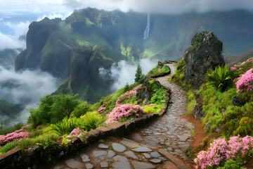 Wall Mural - Stone Path Through Lush Green Mountains with Waterfall and Clouds