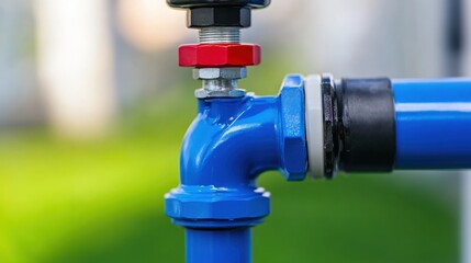 Close-up of a blue pipe joint with a valve, showcasing plumbing details in a bright, lush background.