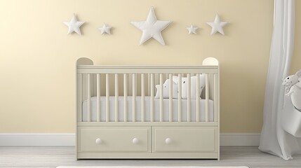 Poster - Modern children’s room interior with mockup wall on cream color background, featuring a spacious and stylish bedroom design. Ideal for showcasing home decor ideas and children's bedroom setups.