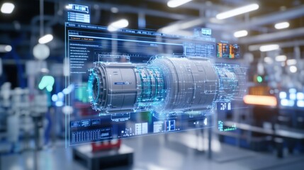 futuristic digital display of a jet engine in a high-tech manufacturing facility, showcasing advance