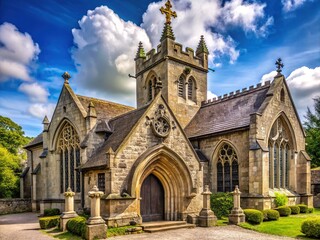 A majestic stone church stands tall with a stately stone cross above the entrance, surrounded by intricate carvings and Gothic arches.