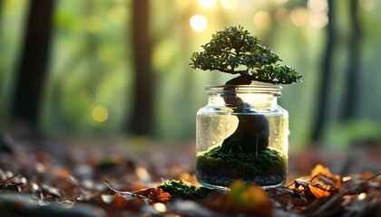 Wall Mural - Bonsai in Glass Jar Amidst Forest Floor with Sunlight and Blurred Leaves, Symbolizing Nature Conservation