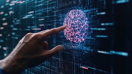 Human hand reaching towards a holographic interface with AI data streams, digital analysis