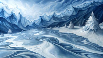 Canvas Print - illustration of frozen riven and mountains in winter