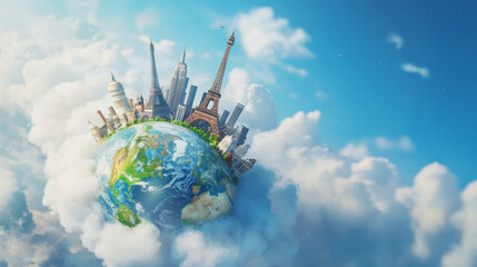 3D global business concept with earth as a sphere in the sky, surrounded by continents and oceans, representing travel, ecology, and technology