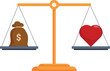 © nsit0108 - Golden scales balancing money bag and red heart representing ethics and morality concept
