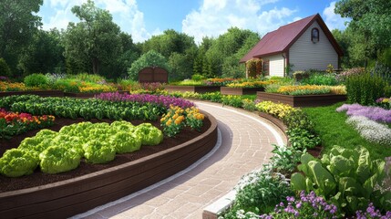 Wall Mural - A garden with a path leading to the house and flowers, AI