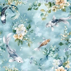 Sticker - Watercolor Koi Fish and Floral Pattern