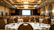 © Image-Love - Conference Hall Ready:  A spacious conference hall, adorned with elegant chandeliers and a large projection screen, awaits attendees. The room is meticulously prepared with round tables, chairs, and w