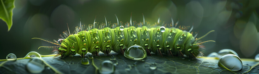 green caterpillar crawling across a dark green glossy leaf