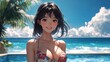 © Nottenaj - 5. An anime-style Japanese woman with a mischievous smile, wearing a floral-patterned swimsuit, standing confidently near a beachside pool, her hair blowing in the ocean breeze, upper body shot.