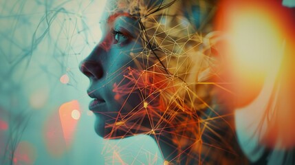 Wall Mural - Abstract Portrait of a Woman with Glowing Network Connections