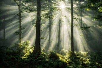 Wall Mural - Shiny rays of sunlight filtering through a dense forest, AI Generated 