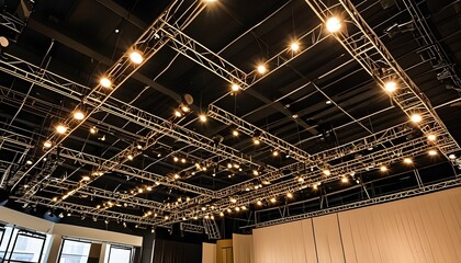 Modern ceiling design featuring spotlight and steel framework in a theater or studio environment