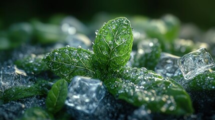 Wall Mural - Fresh mint leaves with ice cubes, evoking a refreshing vibe.