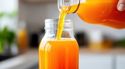 Wall Mural - A person pouring orange juice into a glass jar on the counter, AI