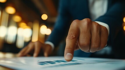 Close-up of a businessman pointing at a document in an office setting, highlighting analysis and teamwork in a professional environment.