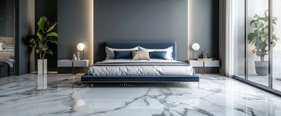 Minimal contemporary style marble floor bedroom, decorate with blue and white fabric bed set, white cozy bed and pillow, grey wall. 3D Rendering