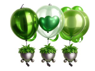 Free floating green balloons white background anniversary celebration isolated on white background,green dynamic spiral composed of interconnected abstract shape, 3d render style,