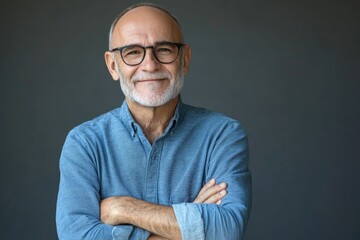 Wall Mural - Happy middle aged man in glasses smiling with crossed arms.