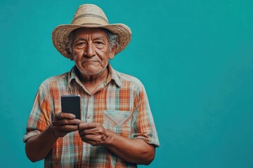 Hispanic senior man with phone and coffee in Mexico.