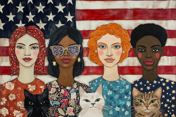 chidless cat ladies - diverse women and cats in front of american flag illustration