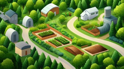 Sticker - An aerial view of a farm with trees and buildings, AI