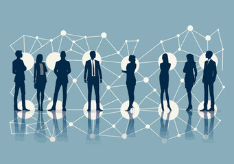 Business Network Concept Illustration: Group of Professionals Standing on Connected Dots Representing Global Corporate Connections and Collaboration - Minimalistic Vector Design