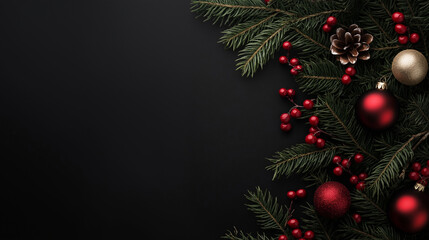 Wall Mural - black christmas background with christmas tree branches  and decorations