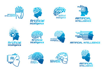 Poster - AI artificial intelligence icons, machine learning, data technology. Robot and human head with tech brain vector silhouettes. Digital brain or mind with chip and computer circuit board pattern symbols