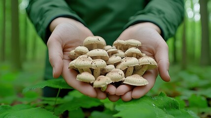 Poster - A person holding a bunch of mushrooms in their hands, AI