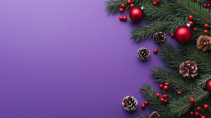 christmas tree decoration , balls , branches  on purple background