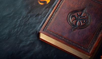 Background with sacred book with engraved hindu symbol top view