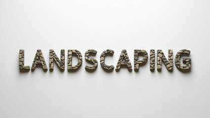 Landscaping word made of stone material lettering on plain white background